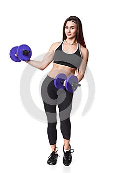 Athletic fitness woman helthy sport isolated white background black clothes with dumbbells