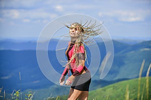 Athletic girl enjoy trekking. Vacation ideas. Healthy lifestyle. Sporty tourist hiker trekking. Summer tourism. Woman