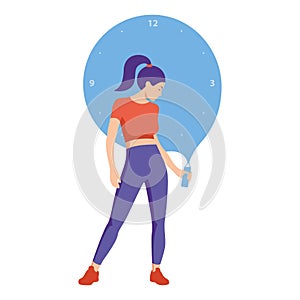 Athletic girl holding a bottle of water in her hands. Drinking regime. Flat design. Vector illustration