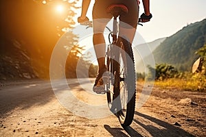 Athletic girl rides a bicycle on a dusty road