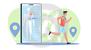 Athletic male athlete runs using an app on modern cell phone. Smartphone fitness application. Man with pulse tracker