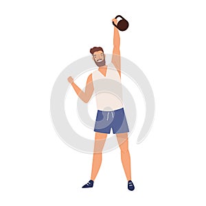 Athletic male lifting kettlebell demonstrate power vector flat illustration. Muscular weightlifter or powerlifter photo