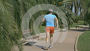 Athletic man in blue tshirt runnings along the tropical park pathway