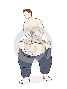 Athletic man cuts his body of marble stone. work on yourself. weight loss efforts. fat and athletic man. vector illustration.