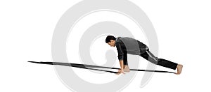 Athletic man practicing drills for perfect start in sprint races isolated on a white background along with his shadow.