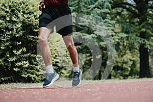 Athletic man running on a serene forest track in the park during summer