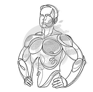 Athletic man torso vector linear illustration, male beauty with perfect muscular fit body posing, artistic drawing of fitness