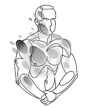 Athletic man torso vector linear illustration, male beauty with perfect muscular fit body posing, artistic drawing of fitness