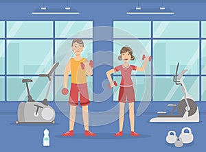 Athletic Man and Woman Exercising with Dumbbells, Sport Gym Interior with Workout Equipment Vector Illustration