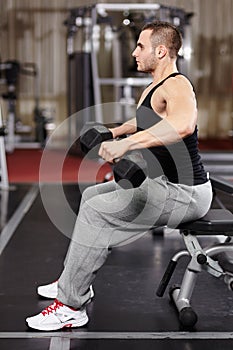 Athletic man working with heavy dumbbells photo