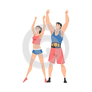 Athletic Muscular Man and Slim Woman in Sportswear Standing with Raising Hands Vector Illustration