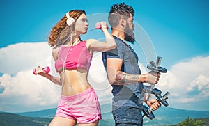 Athletic people. Fit young sporty sexy couple workout outdoor.
