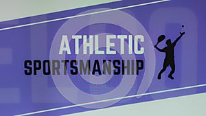 Athletic Sportsmanship inscription on blue and white background with tennis player silhouette. Sports concept