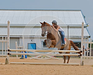 Athletic teen girl jumping a horse over rails.