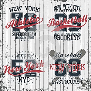 Athletic vintage t-shirt graphic designs. Set of print stamps, athletic, baseball, basketball