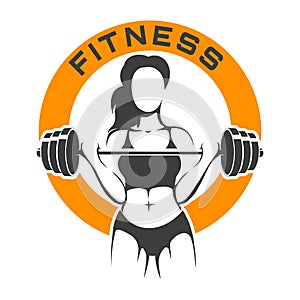 Athletic Woman with Barbell Fitness Logo on White Background