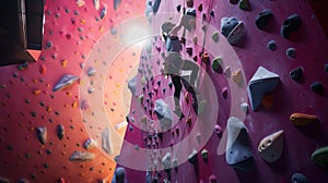 Athletic woman climbing indoors. Woman climbs a climbing wall