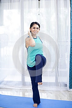 Athletic Woman Doing Standing Criss Cross Crunches Exercise photo