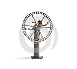 Athletic woman runs in a looping wheel. concept of sport routine