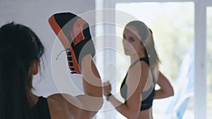 Athletic Woman Trains Her Kicks on a Punching Bag that Her Trainer Holds. Training of Taekwondo or Kickboxing. Two
