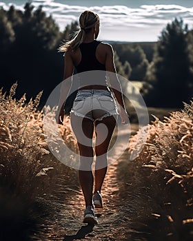 Athletic young woman running in a field at sunset. ai generative
