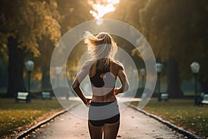 Athletic young woman running in the park at sunset, fit woman running in the park view from, AI Generated