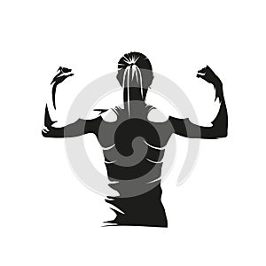 Athletic young woman showing muscles on her back and arms. Isolated vector silhouette, ink drawing. Fitness logo