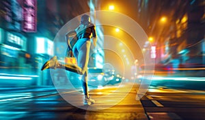 Athletic young woman in workout clothing and headphones running along empty urban street with neon lights. Importance of