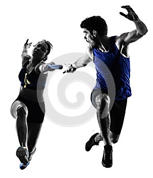 athletics relay runners sprinters running runners isolated silho photo