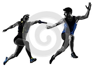 athletics relay runners sprinters running runners isolated silho photo