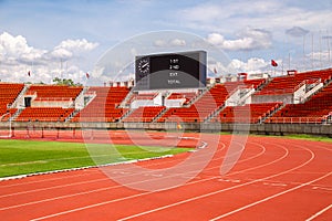 Athletics stadium running track red lines marks. Start lane. 1,