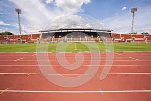 Athletics stadium running track red lines marks.  Start lane. 1,2,3,4,5,6,7