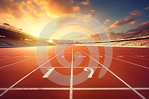 Athletics Track and Field with Blue Sky Background, 3D Rendering, Athlete running track with number on the start in a stadium, AI