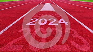 Athletics track road with New year 2024 concept. Direction to new year concept and sustainable development idea for goal and