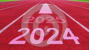 Athletics track road with New year 2024 concept. Direction to new year concept and sustainable development idea for goal and