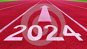 Athletics track road with New year 2024 concept. Direction to new year concept and sustainable development idea for goal and