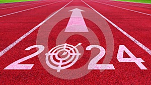 Athletics track road with New year 2024 concept. Direction to new year concept and sustainable development idea for goal and