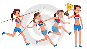 Athletics Young Woman Player Vector. Sport Concept. Jogging Race. Sportswear. Individual Sport. Girl Athlete . Flat