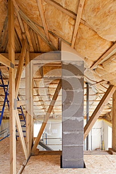 Atiic with environmentally friendly and energy efficient thermal insulation rockwool. Wooden Roof Frame House Construction.