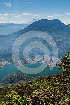 Atitlan lake in Guatemala, picture taken from San Pedro volcano. Volcano Toliman, village Santiago Atitla
