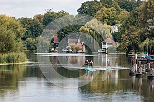 Ative persons in canoe on river, Amazing view of Goring and Streatley, village town near Reading, England