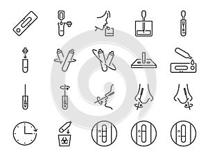 ATK test line icon set. Included the icons as RT PCR, Rapid test, COVID-19, saliva test, and more. photo