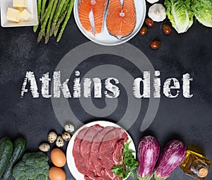 Atkins Diet food ingredients on balck chalkboard, health concept, top view with copy space. Concept with text