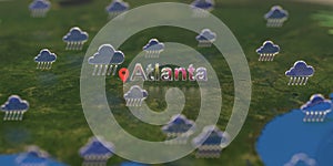 Atlanta city and rainy weather icon on the map, weather forecast related 3D rendering