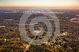 Atlanta city skyline and suburbs from ariplane