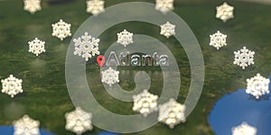 Atlanta city and snowy weather icon on the map, weather forecast related 3D rendering