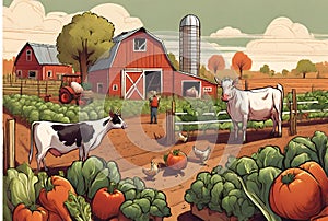 Farm Life, Animals and Vegetable Garden Abstract Illustration