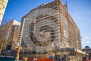 Downtown building scaffolding on a construction site