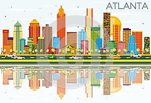 Atlanta Skyline with Color Buildings, Blue Sky and Reflections.