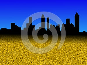 Atlanta skyline with dollar coins foreground illustration